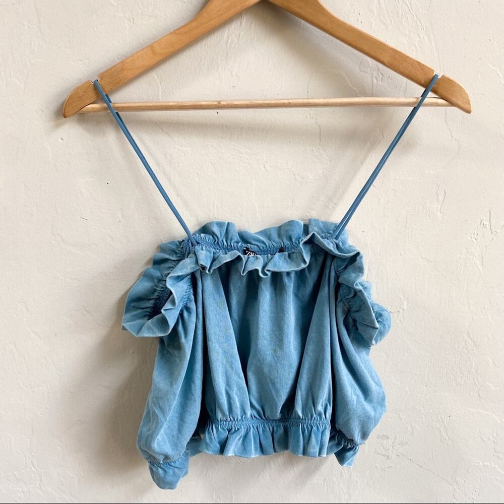 NWT Zara Blue Ruffle Crop Top - Picture 3 of 7